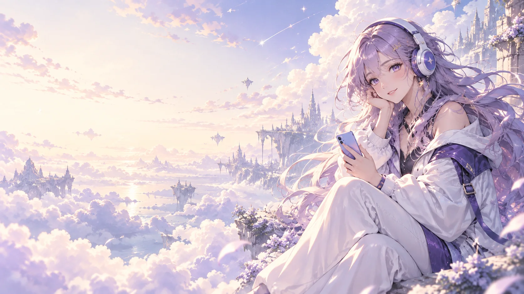 戴着耳机的紫发少女坐在云端，手持手机，身后是漂浮的梦幻城堡